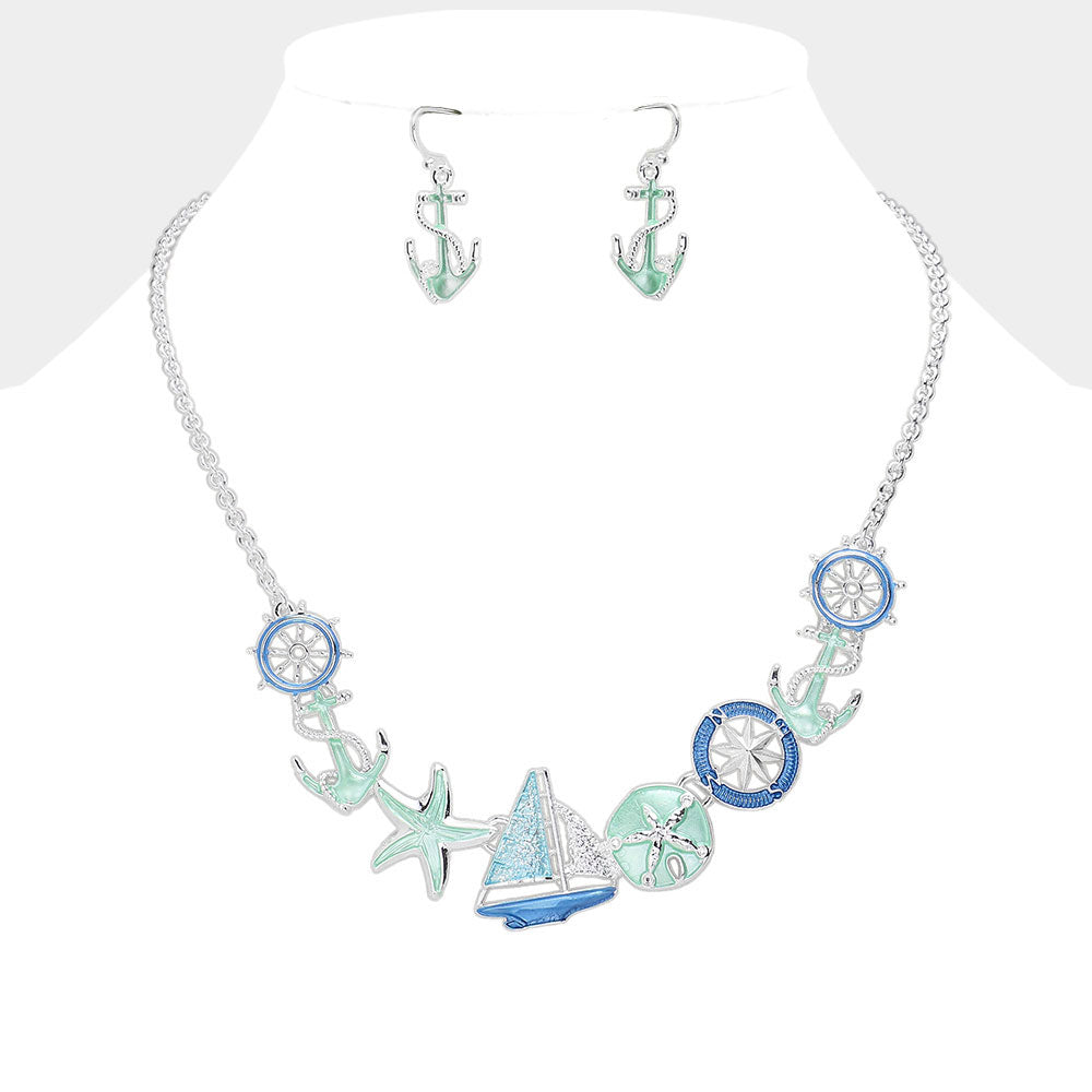 Multi, Silver Enamel Anchor Boat Starfish Link Necklace