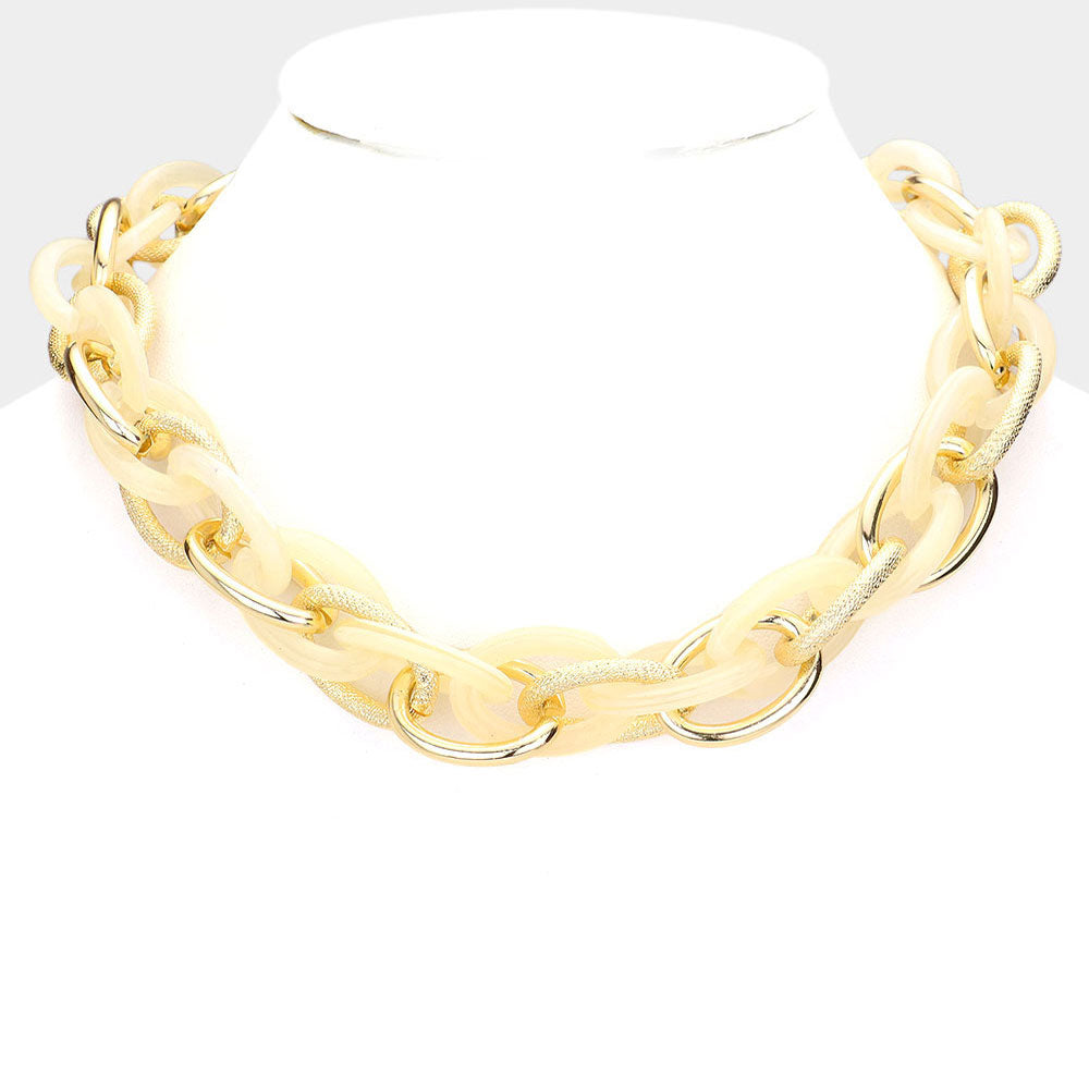 Madeline Love Gold, Ivory Resin Metal Open Oval Link Necklace - Necklaces