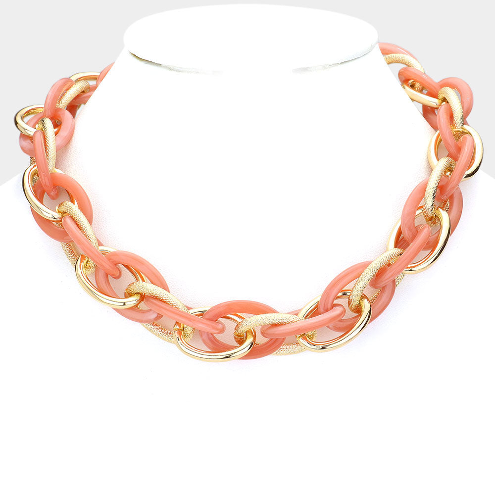 Madeline Love Gold, Pink Resin Metal Open Oval Link Necklace - Necklaces