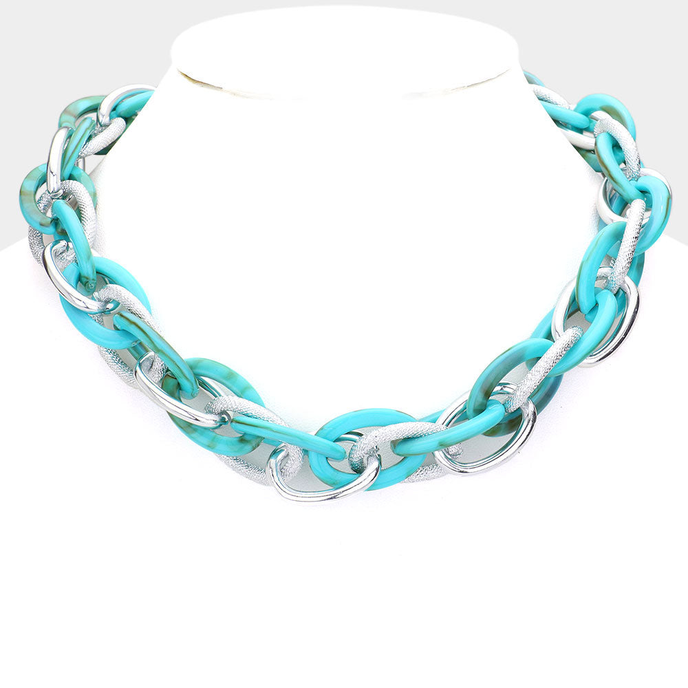 Madeline Love Rhodium, Turquoise Resin Metal Open Oval Link Necklace - Necklaces