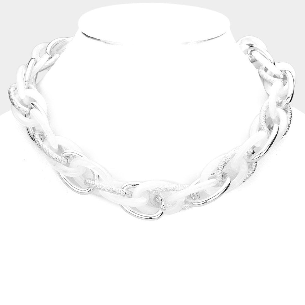 Madeline Love Rhodium, White Resin Metal Open Oval Link Necklace - Necklaces