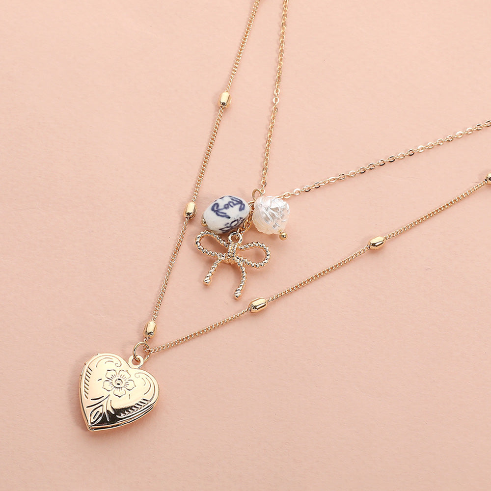 Heart Locket Pendant Ceramic Pearl Flower Metal Bow Charm Double Layered Brass Necklace