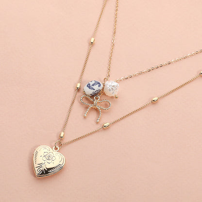 Heart Locket Pendant Ceramic Pearl Flower Metal Bow Charm Double Layered Brass Necklace