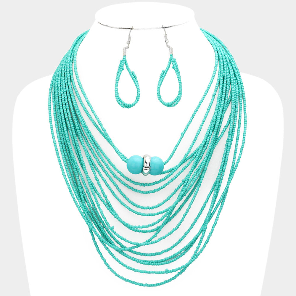 Madeline Love Turquoise Seed Beaded Bib Necklace - Necklaces