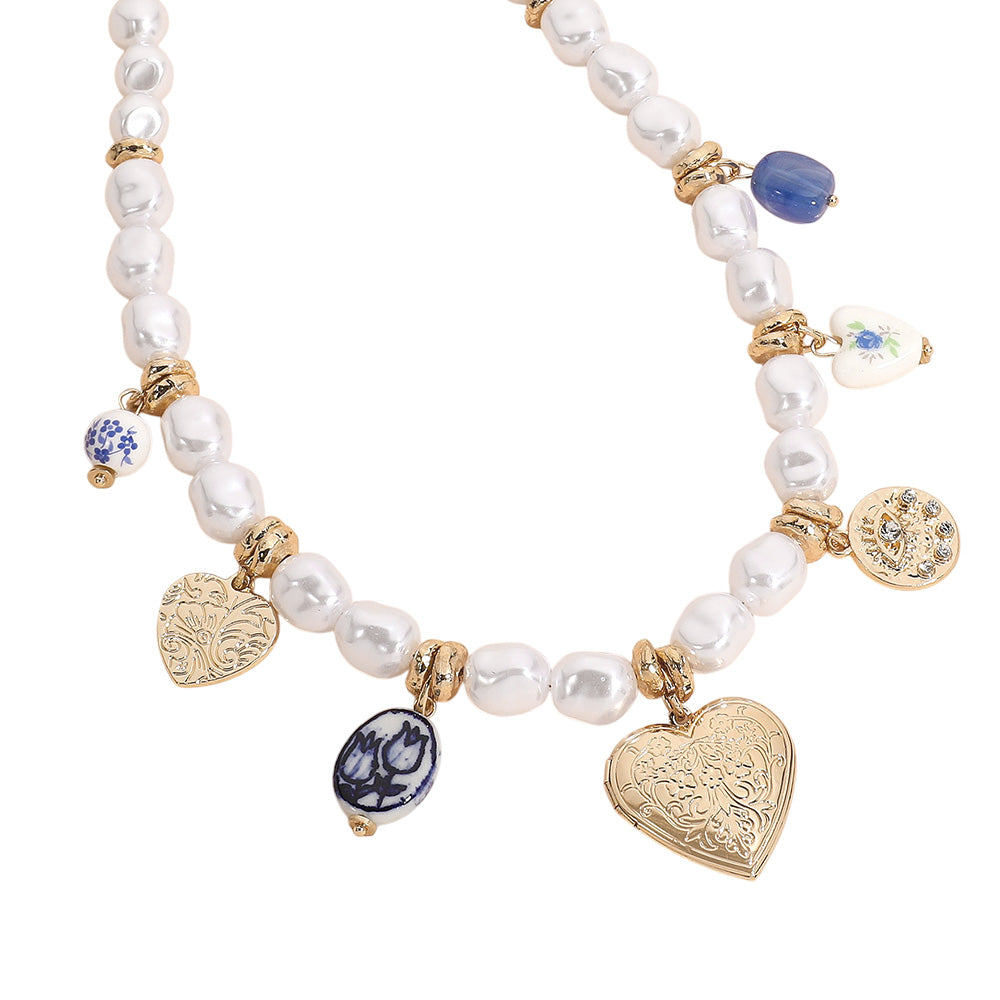 Metal Heart Locket Ceramic Ball Heart Evil Eye Charm Station Pearl Necklace - Gold - Necklaces