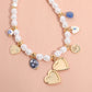 Metal Heart Locket Ceramic Ball Heart Evil Eye Charm Station Pearl Necklace - Gold - Necklaces
