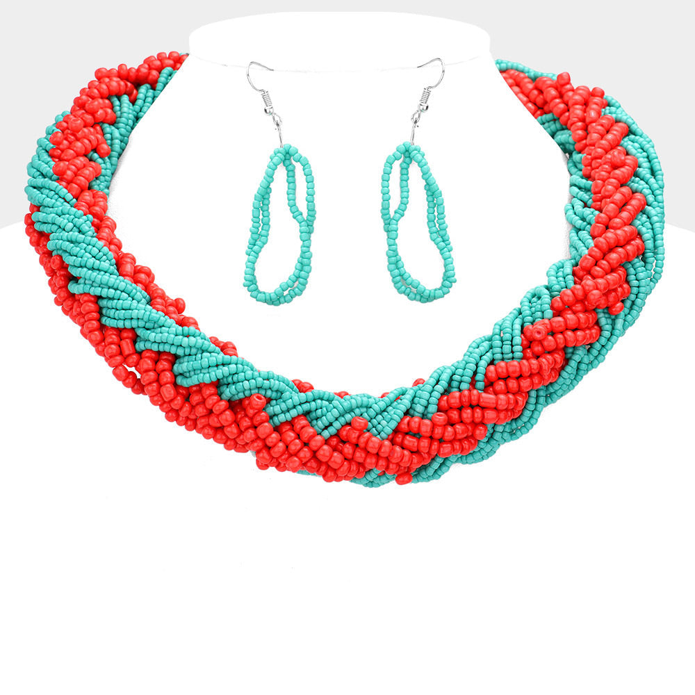 Madeline Love Turquoise Braided Two Tone Seed Beaded Necklace - Necklaces