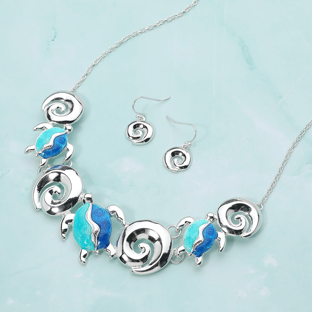 Madeline Love Blue, Silver Enamel Sea Turtle Metal Wave Link Necklace - Necklaces