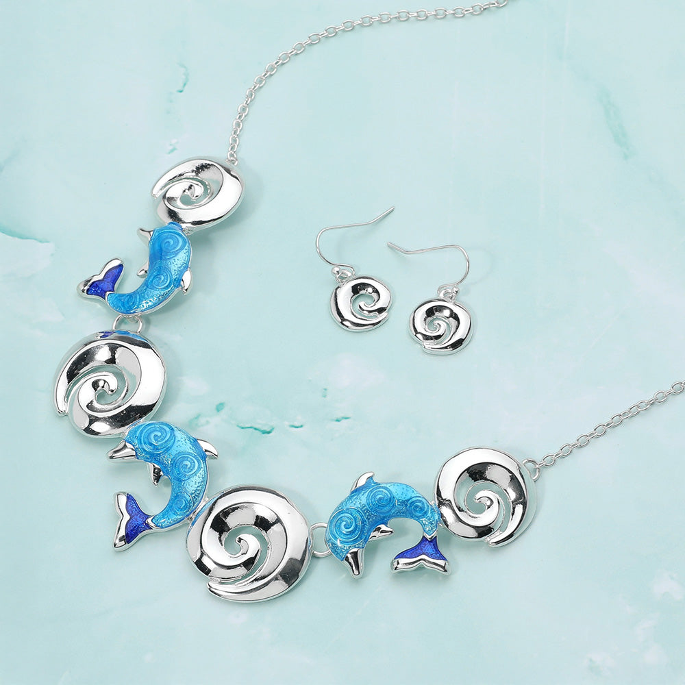 Blue, Silver Enamel Dolphin Metal Wave Link Necklace