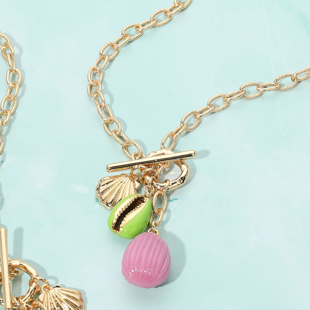 Green Enamel Sea Shell Puka Shell Toggle Pendant Necklace