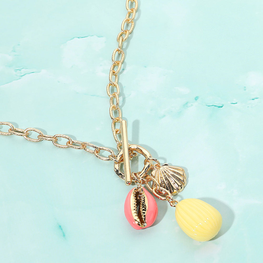 Pink Enamel Sea Shell Puka Shell Toggle Pendant Necklace