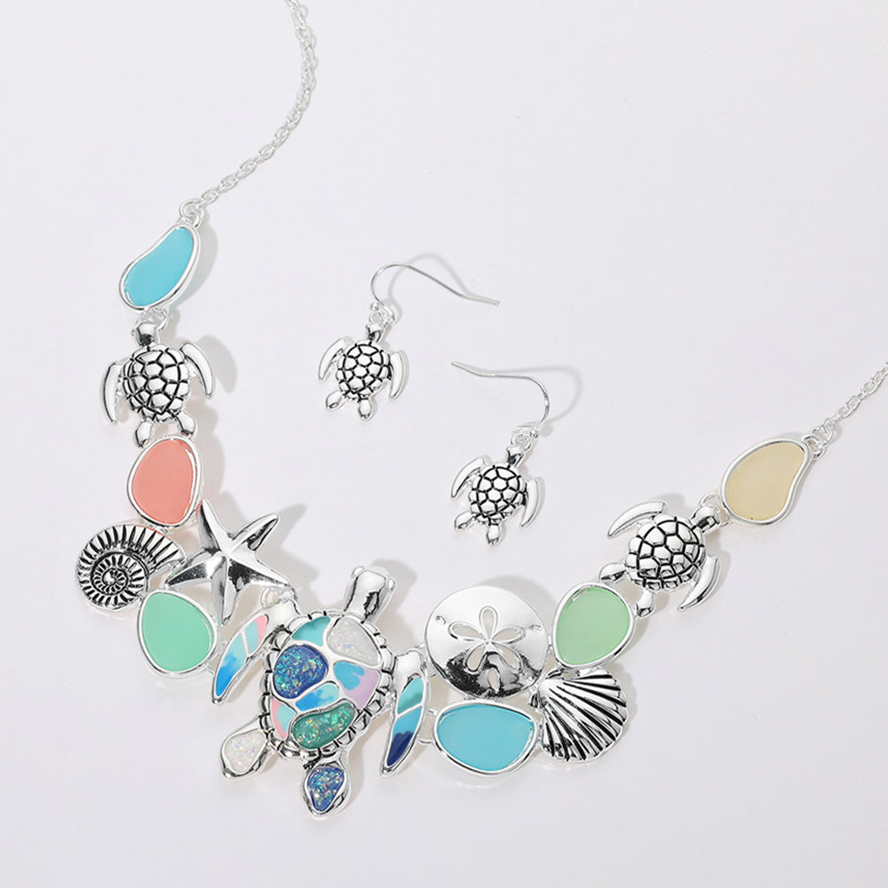 Madeline Love Antique Silver, Multi Sea Glass Sea Turtle Metal Seashell Sand Dollar Starfish Embellished Necklace - Necklaces