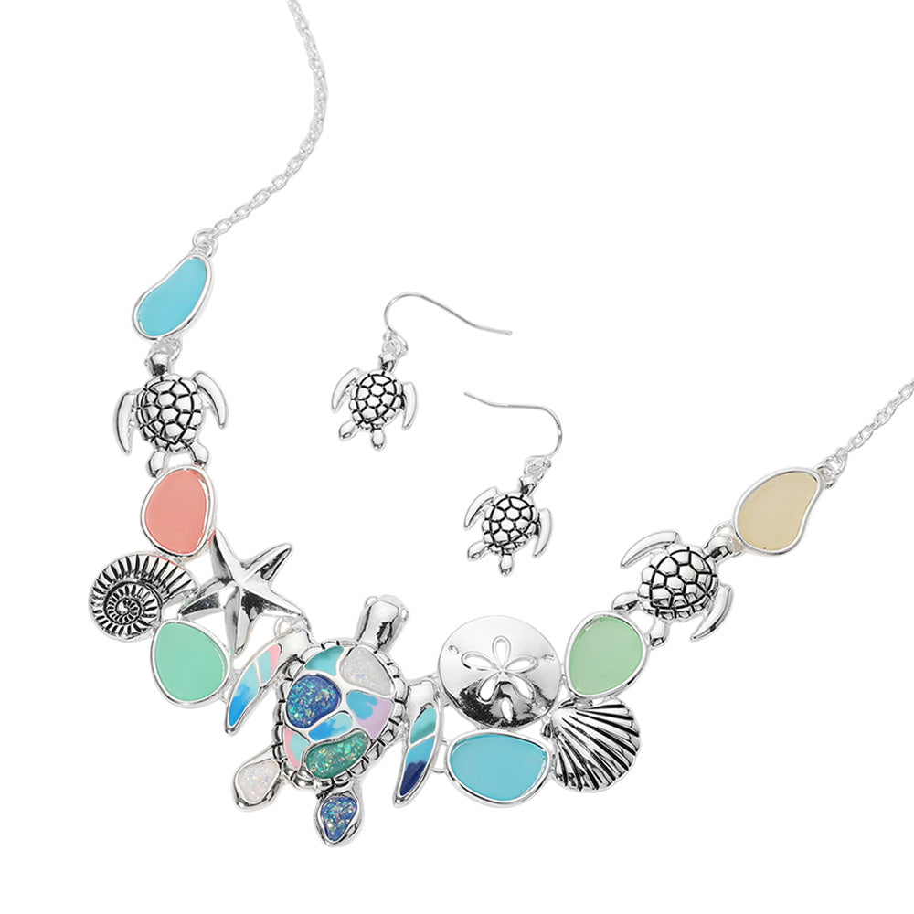 Madeline Love Antique Silver, Multi Sea Glass Sea Turtle Metal Seashell Sand Dollar Starfish Embellished Necklace - Necklaces - desc