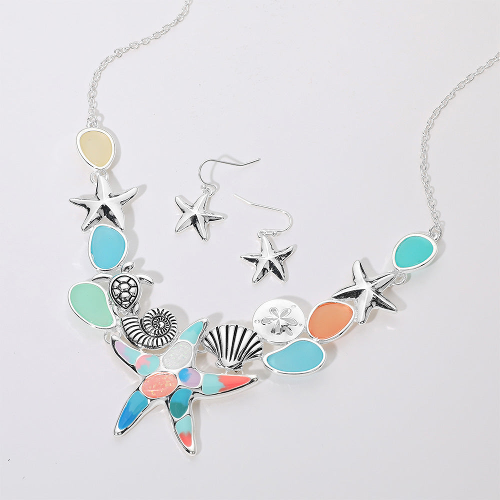 Madeline Love Antique Silver, Multi Sea Glass Starfish Metal Seashell Sand Dollar Sea Turtle Embellished Necklace - Necklaces