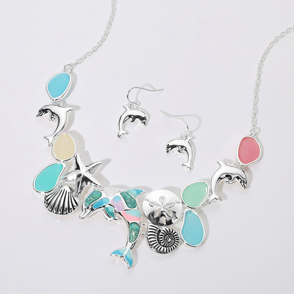 Madeline Love Antique Silver, Multi Sea Glass Dolphin Metal Seashell Sand Dollar Starfish Embellished Necklace - Necklaces