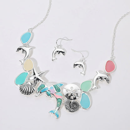 Madeline Love Antique Silver, Multi Sea Glass Dolphin Metal Seashell Sand Dollar Starfish Embellished Necklace - Necklaces