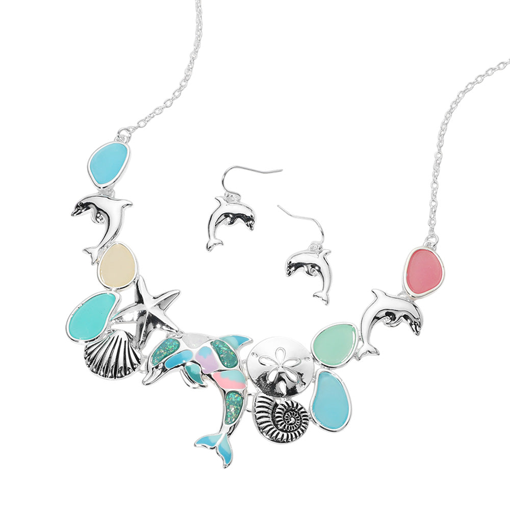 Madeline Love Antique Silver, Multi Sea Glass Dolphin Metal Seashell Sand Dollar Starfish Embellished Necklace - Necklaces - desc