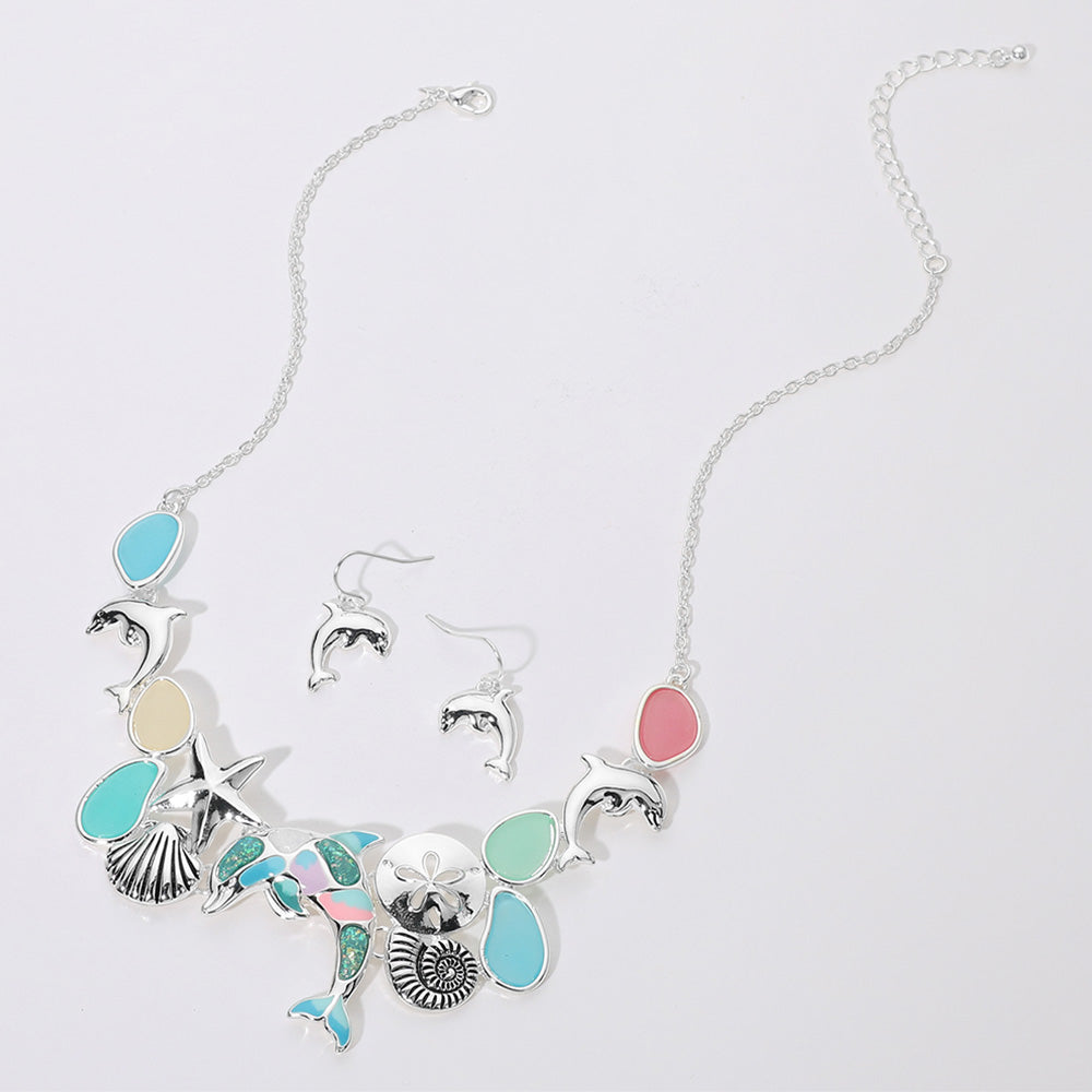 Madeline Love Antique Silver, Multi Sea Glass Dolphin Metal Seashell Sand Dollar Starfish Embellished Necklace - Necklaces - extra