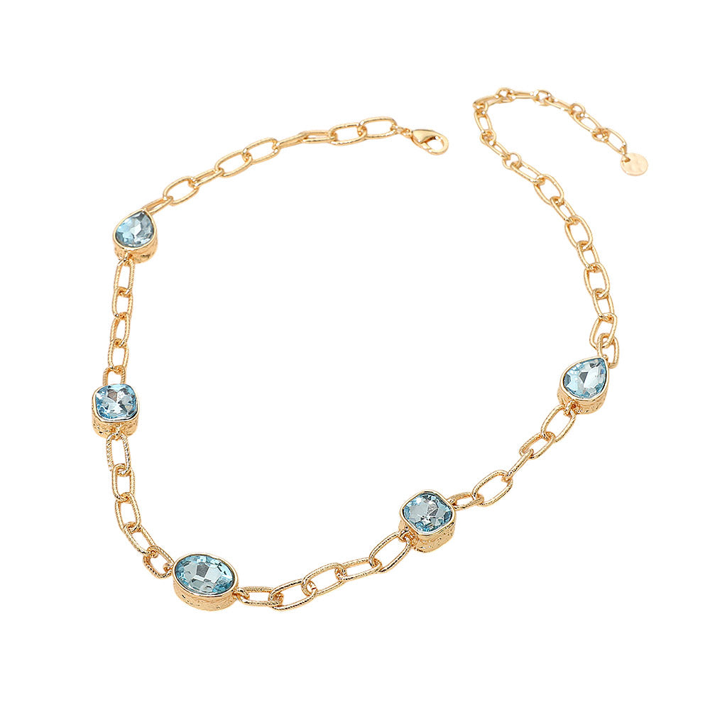 Madeline Love Aqua Oval Teardrop Square Stone Bezel Link Necklace - Necklaces - extra