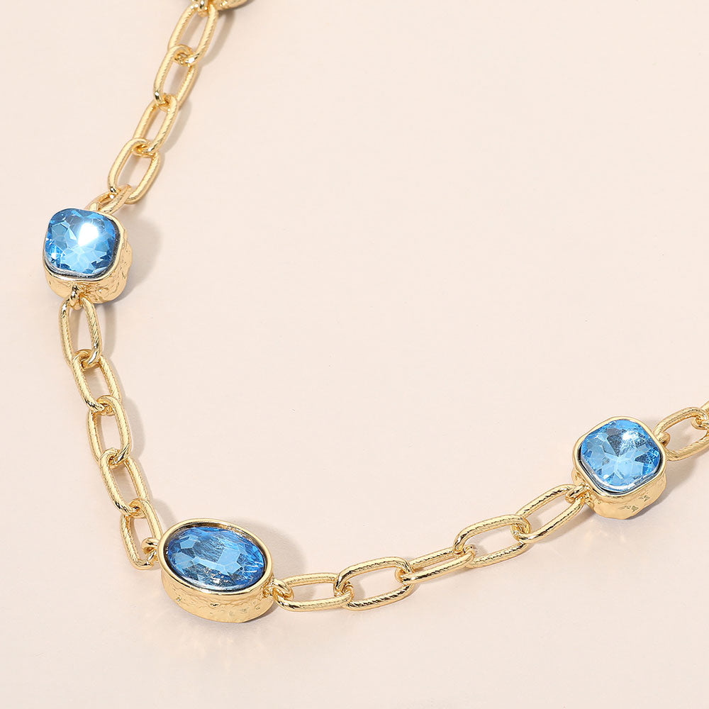 Madeline Love Blue Oval Teardrop Square Stone Bezel Link Necklace