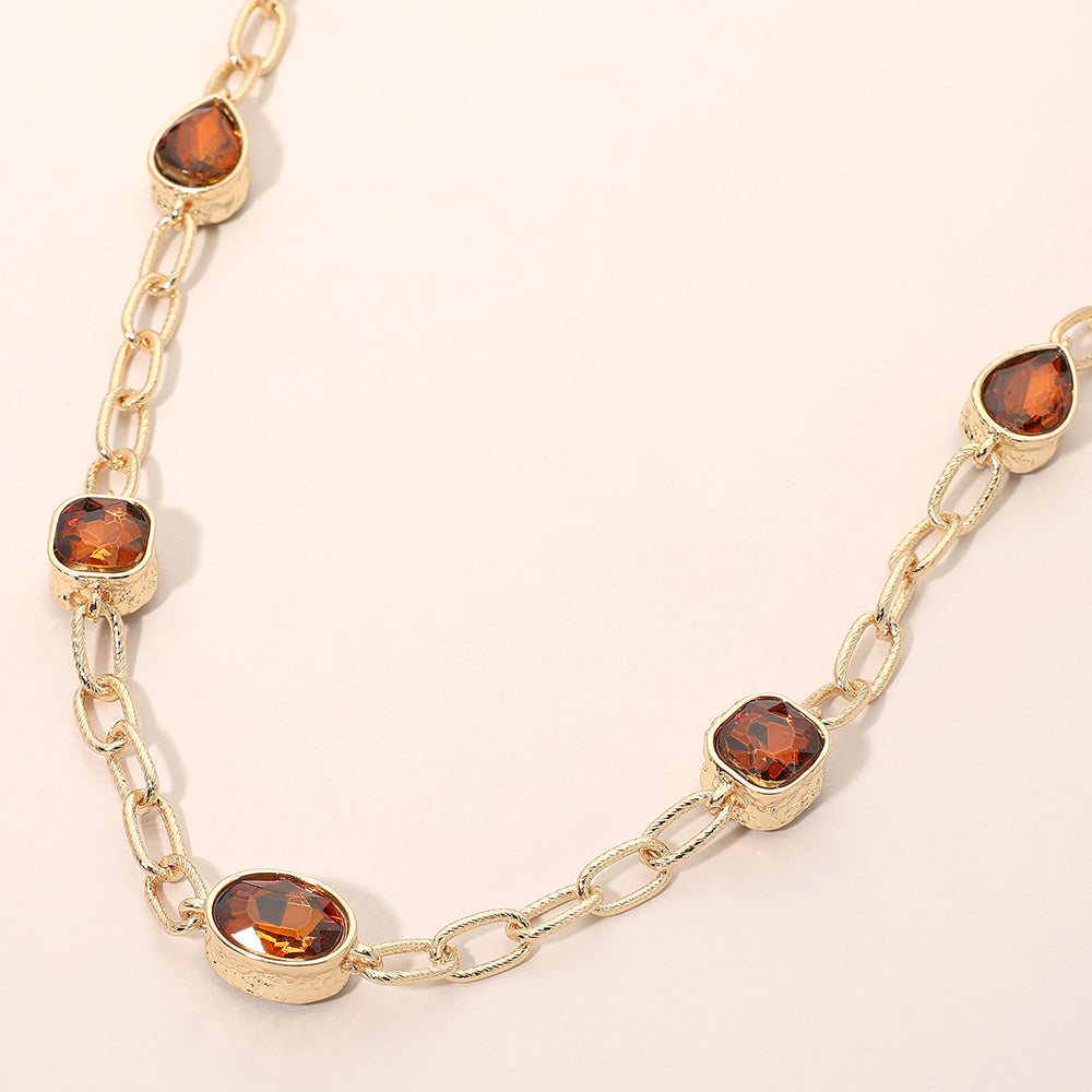 Madeline Love Brown Oval Teardrop Square Stone Bezel Link Necklace
