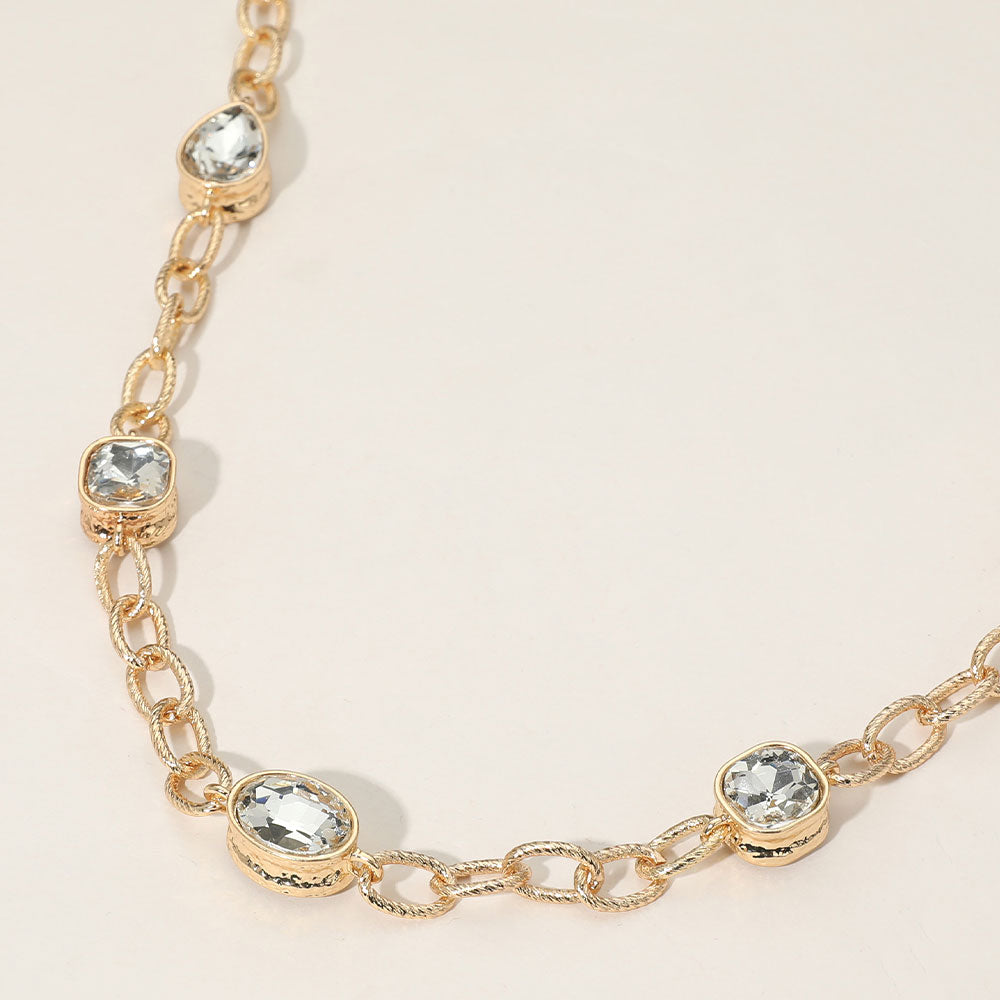 Madeline Love Clear, Gold Oval Teardrop Square Stone Bezel Link Necklace