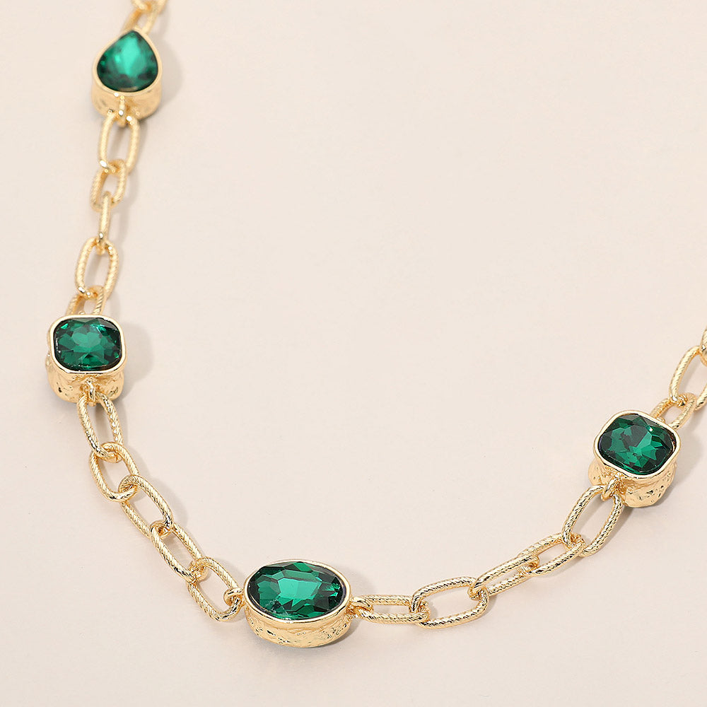 Madeline Love Green Oval Teardrop Square Stone Bezel Link Necklace