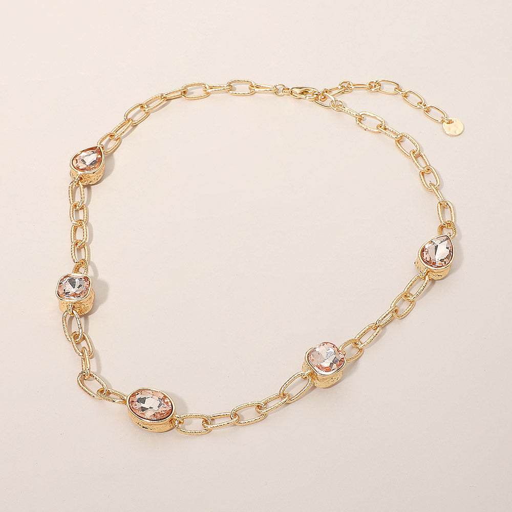 Madeline Love Peach Oval Teardrop Square Stone Bezel Link Necklace - Necklaces - desc