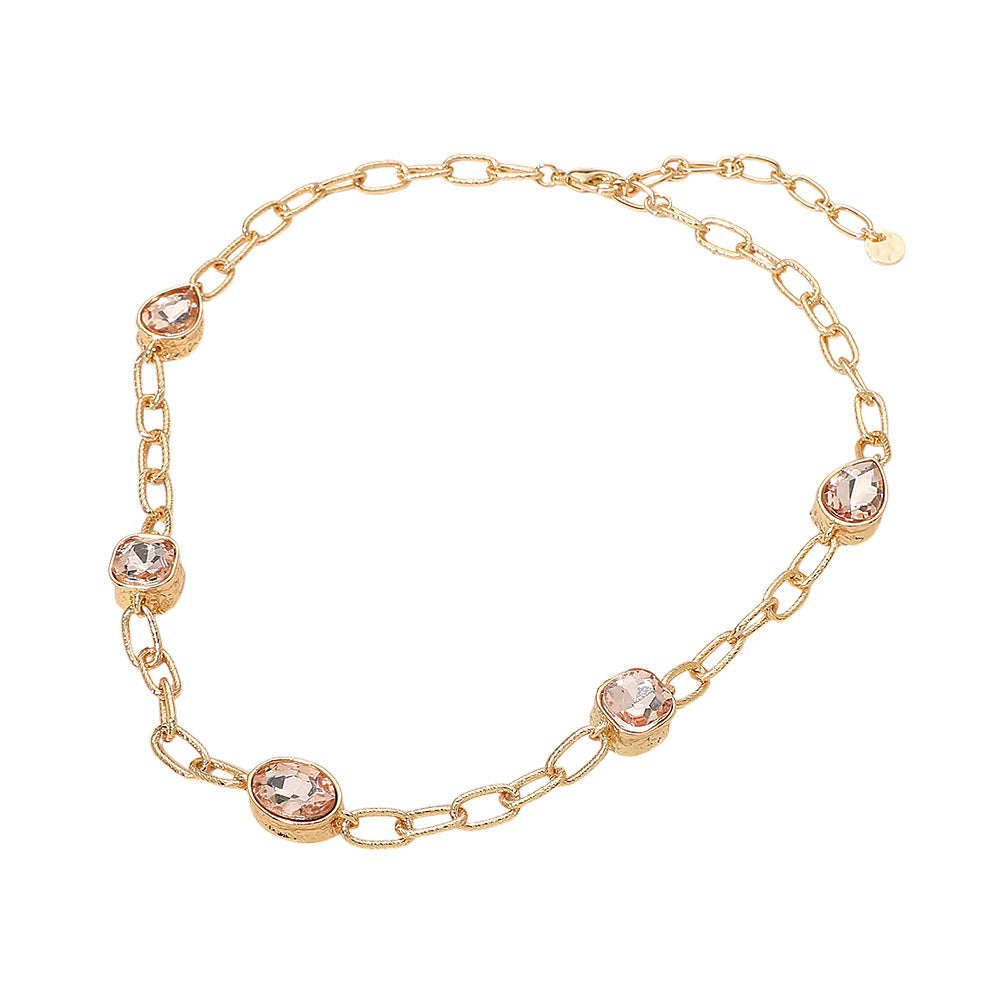 Madeline Love Peach Oval Teardrop Square Stone Bezel Link Necklace - Necklaces - extra