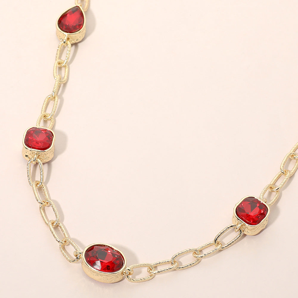 Madeline Love Red Oval Teardrop Square Stone Bezel Link Necklace
