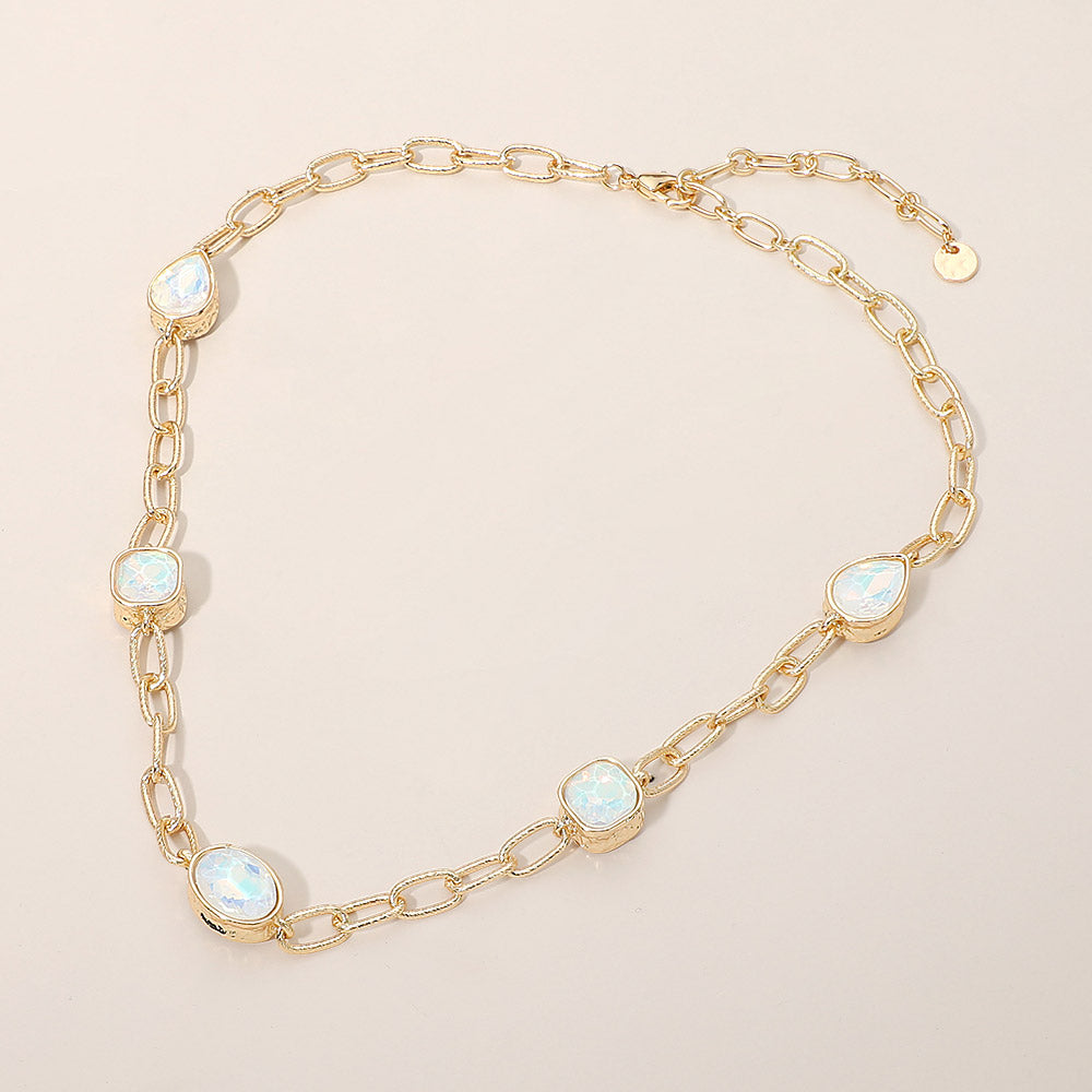 Madeline Love White Oval Teardrop Square Stone Bezel Link Necklace - Necklaces - desc