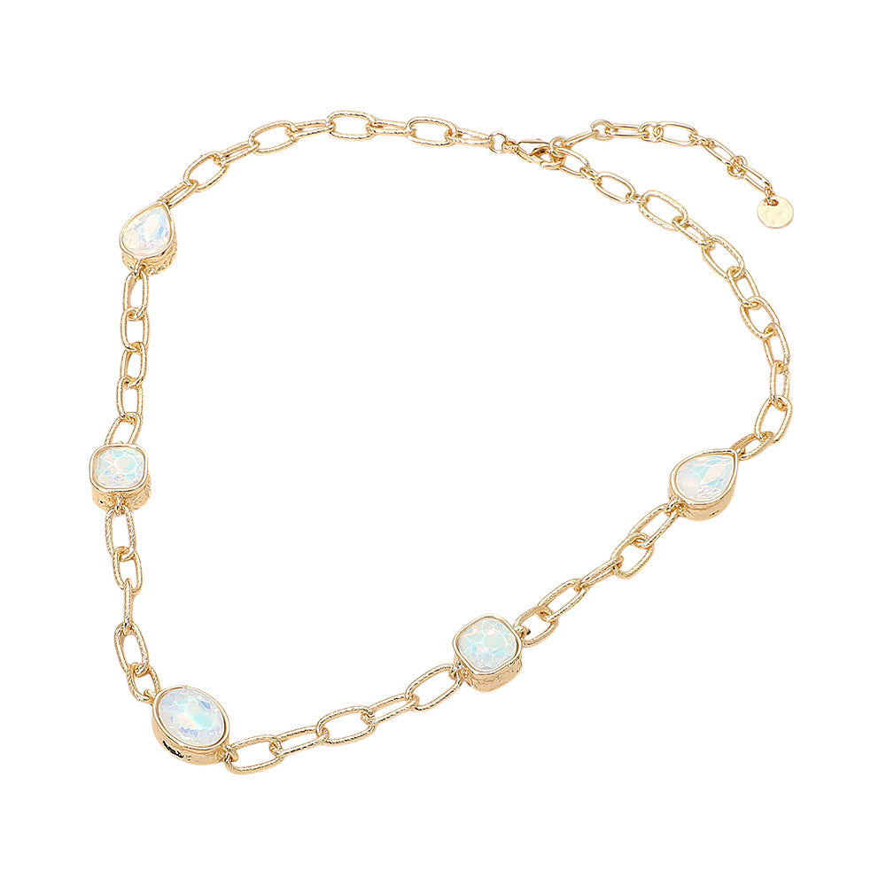 Madeline Love White Oval Teardrop Square Stone Bezel Link Necklace - Necklaces - extra