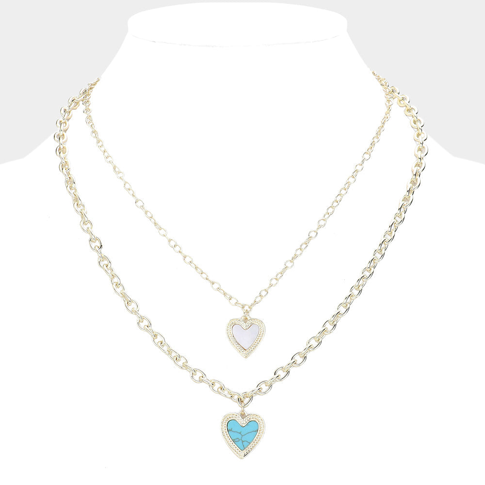 Mother of Pearl Turquoise Heart Charm Layered Necklace