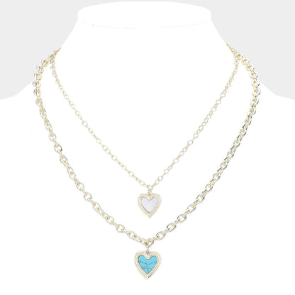 Mother of Pearl Turquoise Heart Charm Layered Necklace