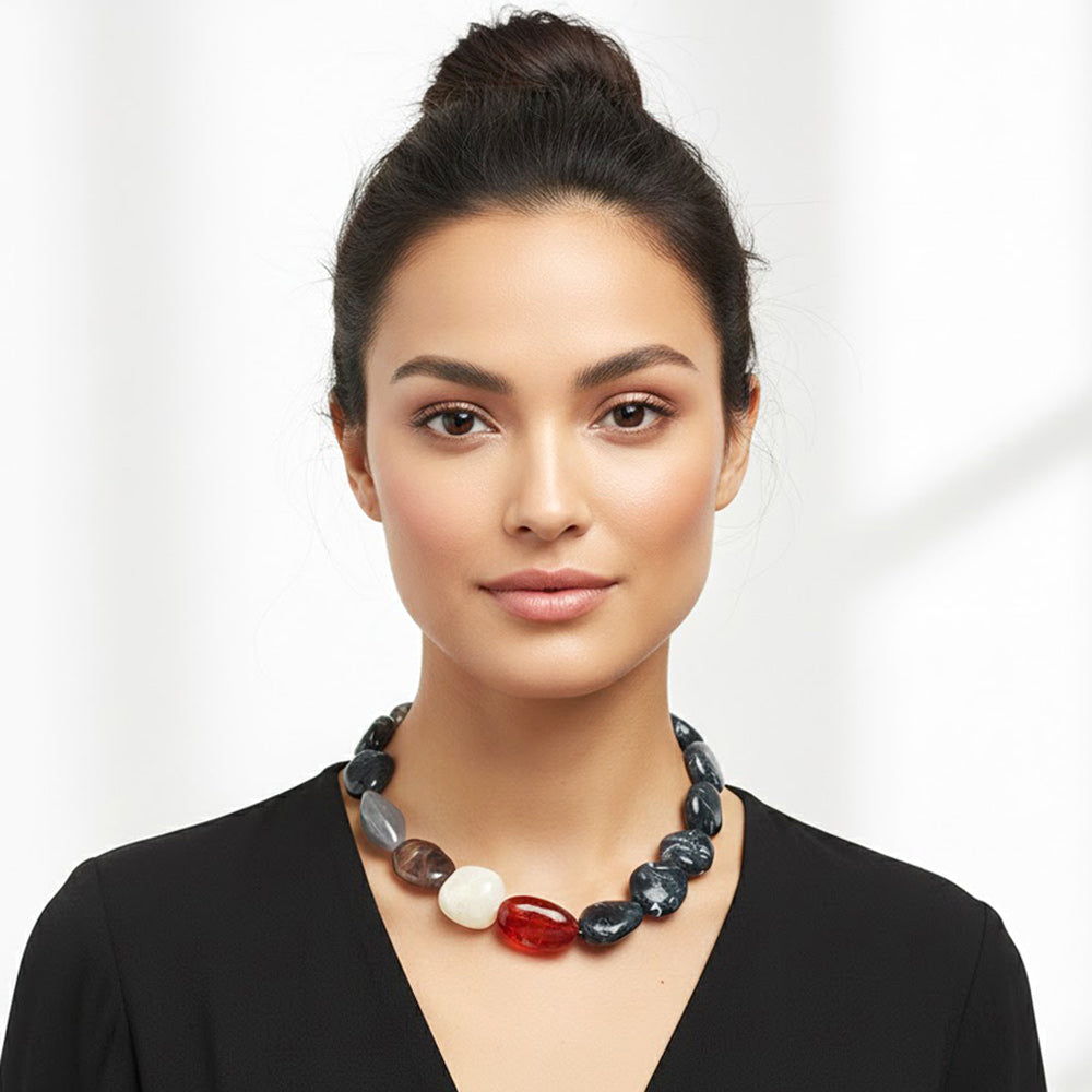 Madeline Love Black Bold Resin Nugget Beaded Statement Necklace - Necklaces