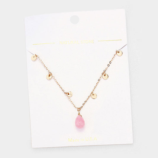 Madeline Love Gold, Pink Teardrop Pendant Metal Disc Necklace - Necklaces