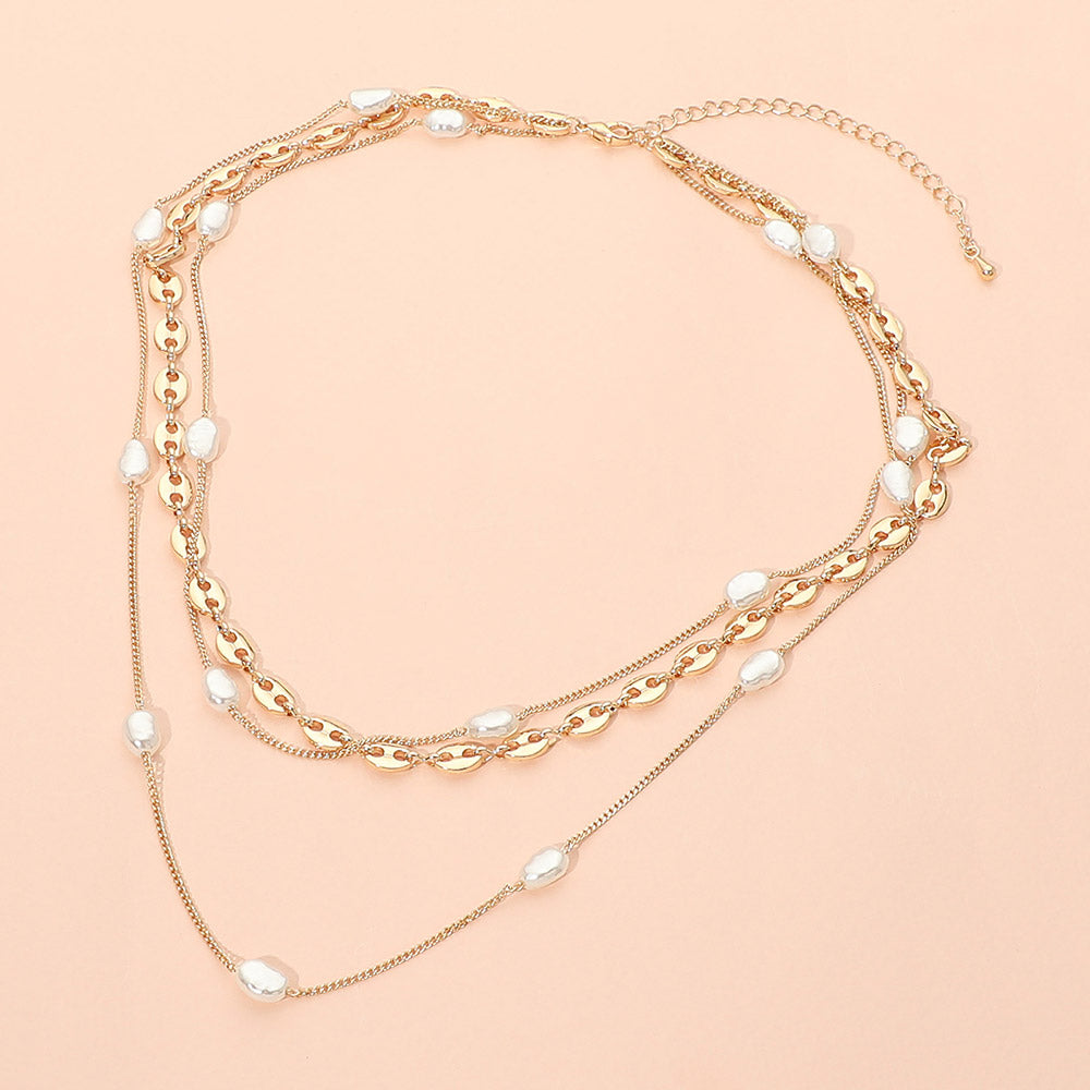 Madeline Love Cream, Gold Layered Pearl Chain Necklace