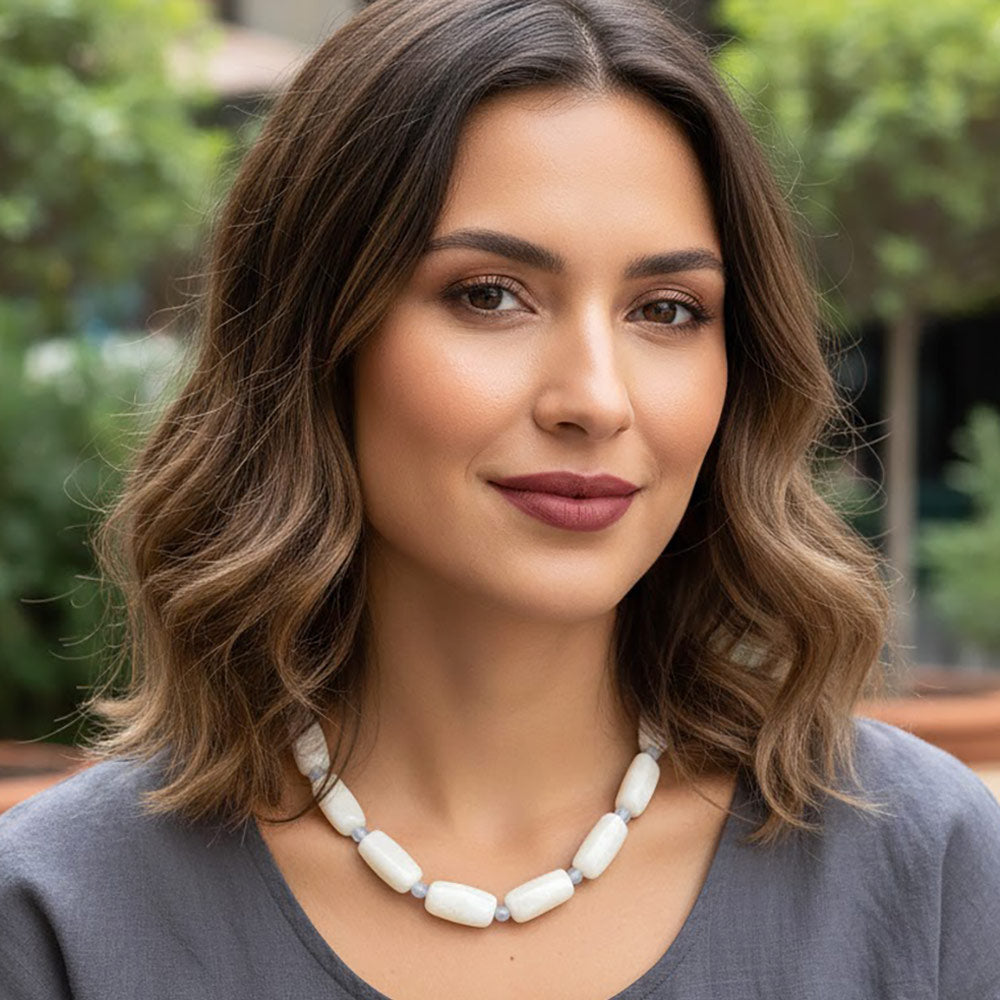 Madeline Love Ivory Chunky Rectangular Marbled Resin Beaded Statement Necklace - Necklaces