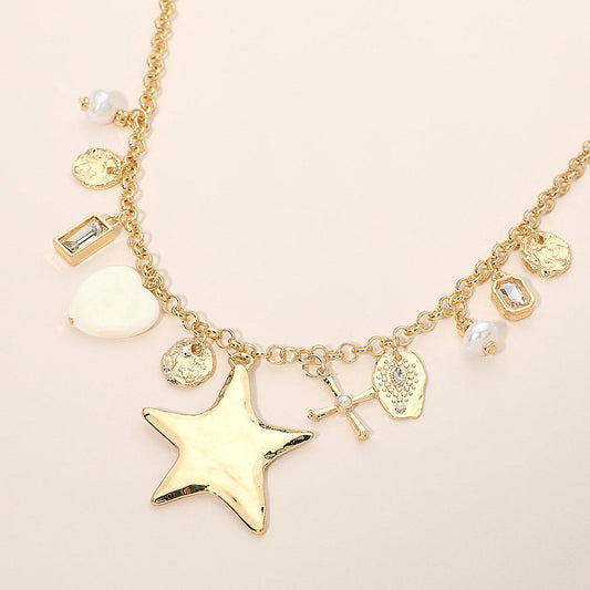Madeline Love Gold Star Pearl Cross Heart Charm Station Necklace