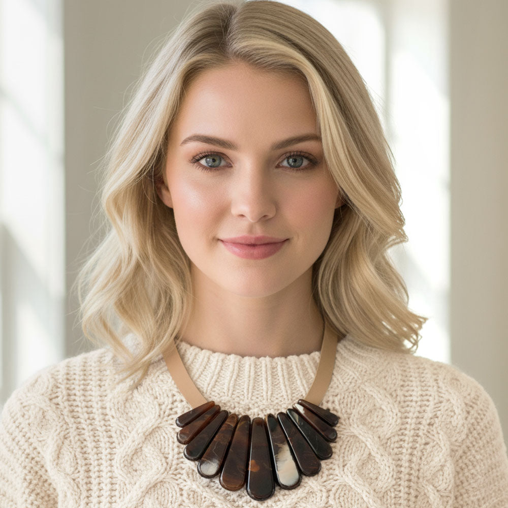 Madeline Love Brown Resin Long Teardrop Plate Faux Leather Statement Necklace - Necklaces