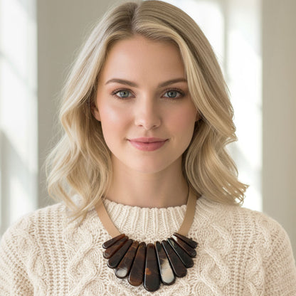 Madeline Love Brown Resin Long Teardrop Plate Faux Leather Statement Necklace - Necklaces