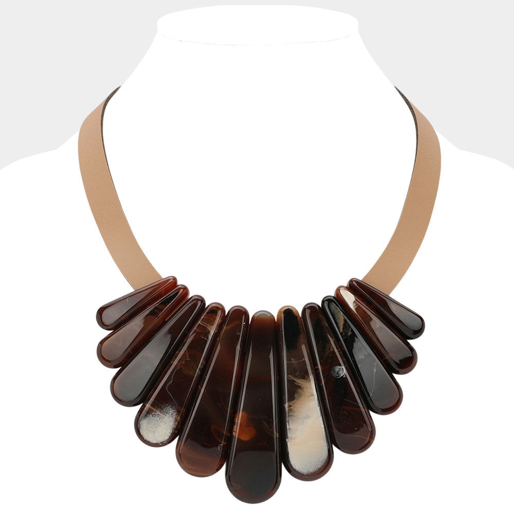 Madeline Love Brown Resin Long Teardrop Plate Faux Leather Statement Necklace - Necklaces - desc