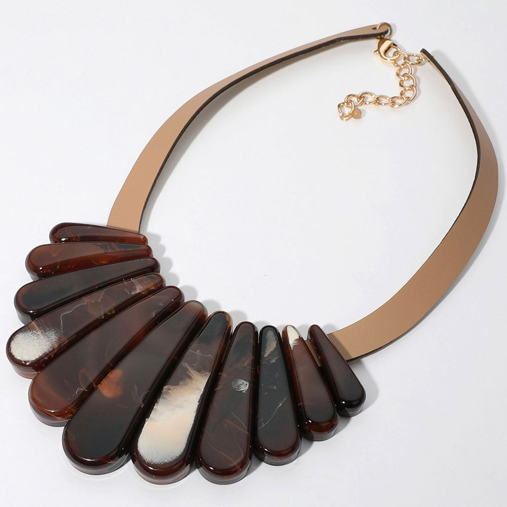 Madeline Love Brown Resin Long Teardrop Plate Faux Leather Statement Necklace - Necklaces - extra