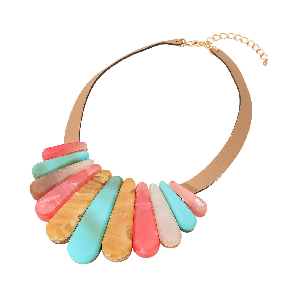 Madeline Love Multi Resin Long Teardrop Plate Faux Leather Statement Necklace - Necklaces - desc