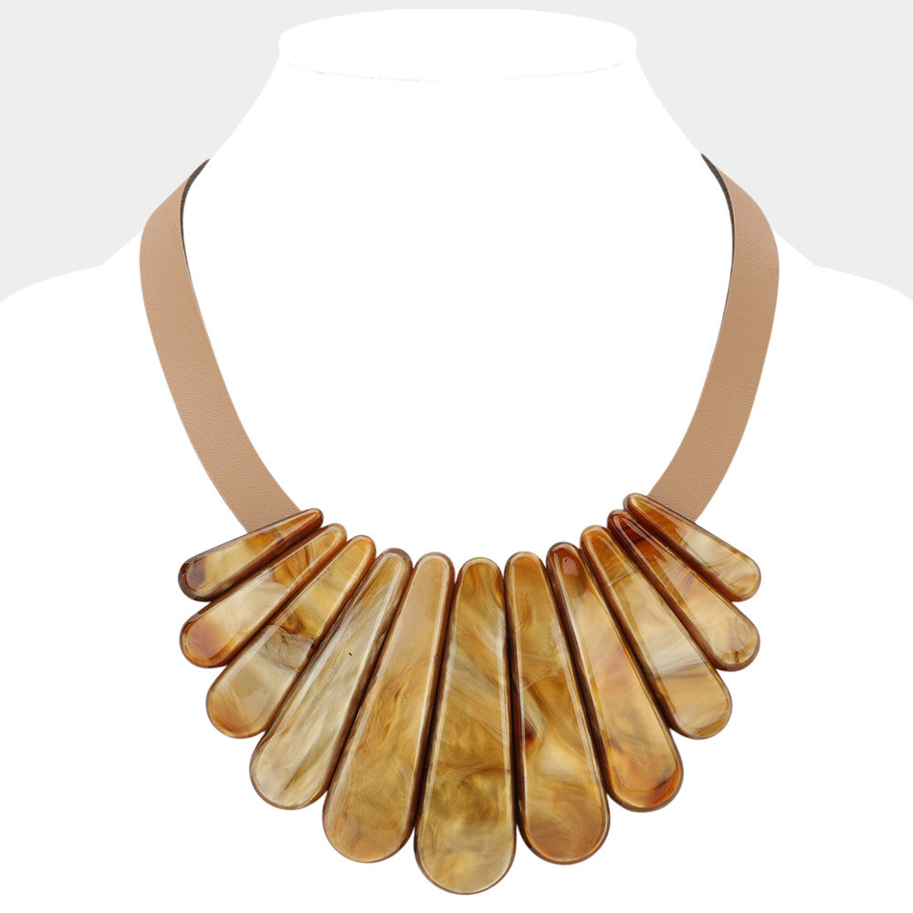 Madeline Love Neutral Resin Long Teardrop Plate Faux Leather Statement Necklace - Necklaces - desc