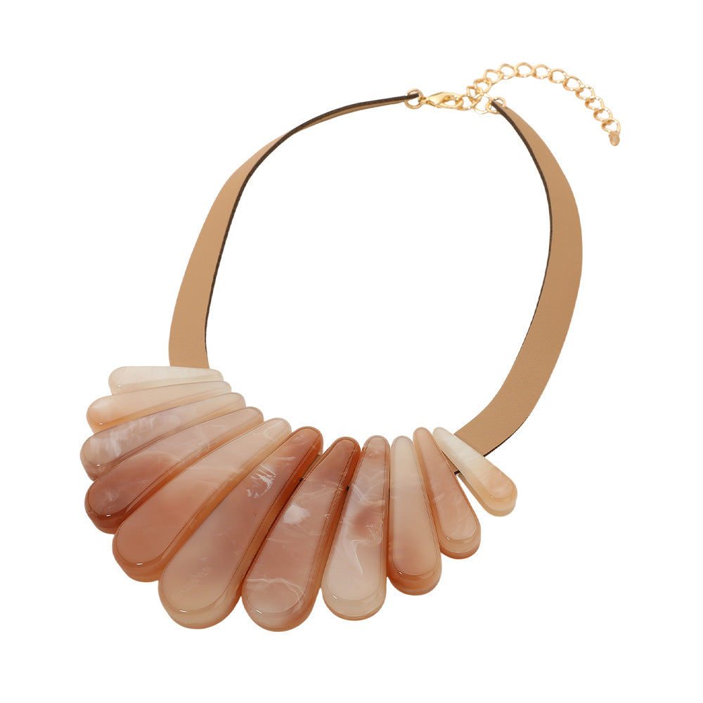 Madeline Love Peach Resin Long Teardrop Plate Faux Leather Statement Necklace - Necklaces - desc