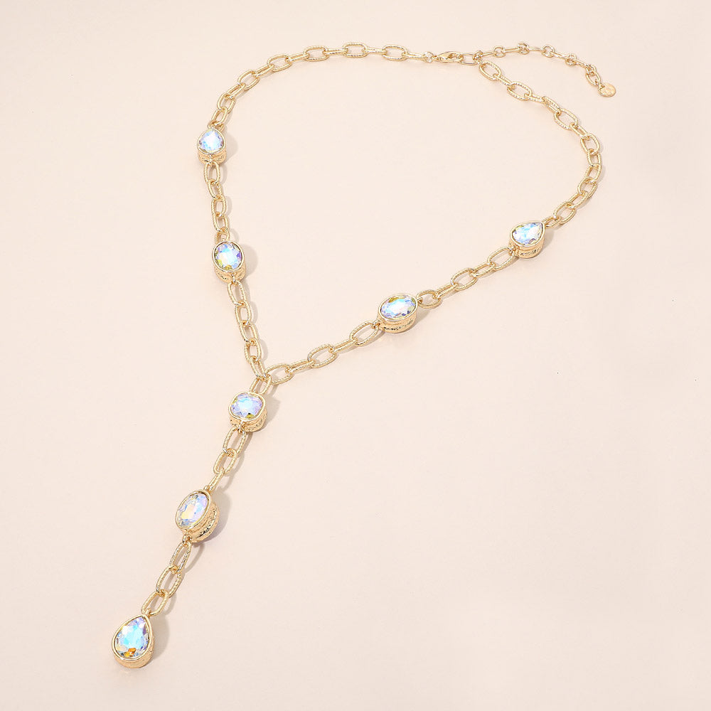 Madeline Love AB Faceted Square Teardrop Oval Emerald Stone Accent Y-Drop Chain Necklace