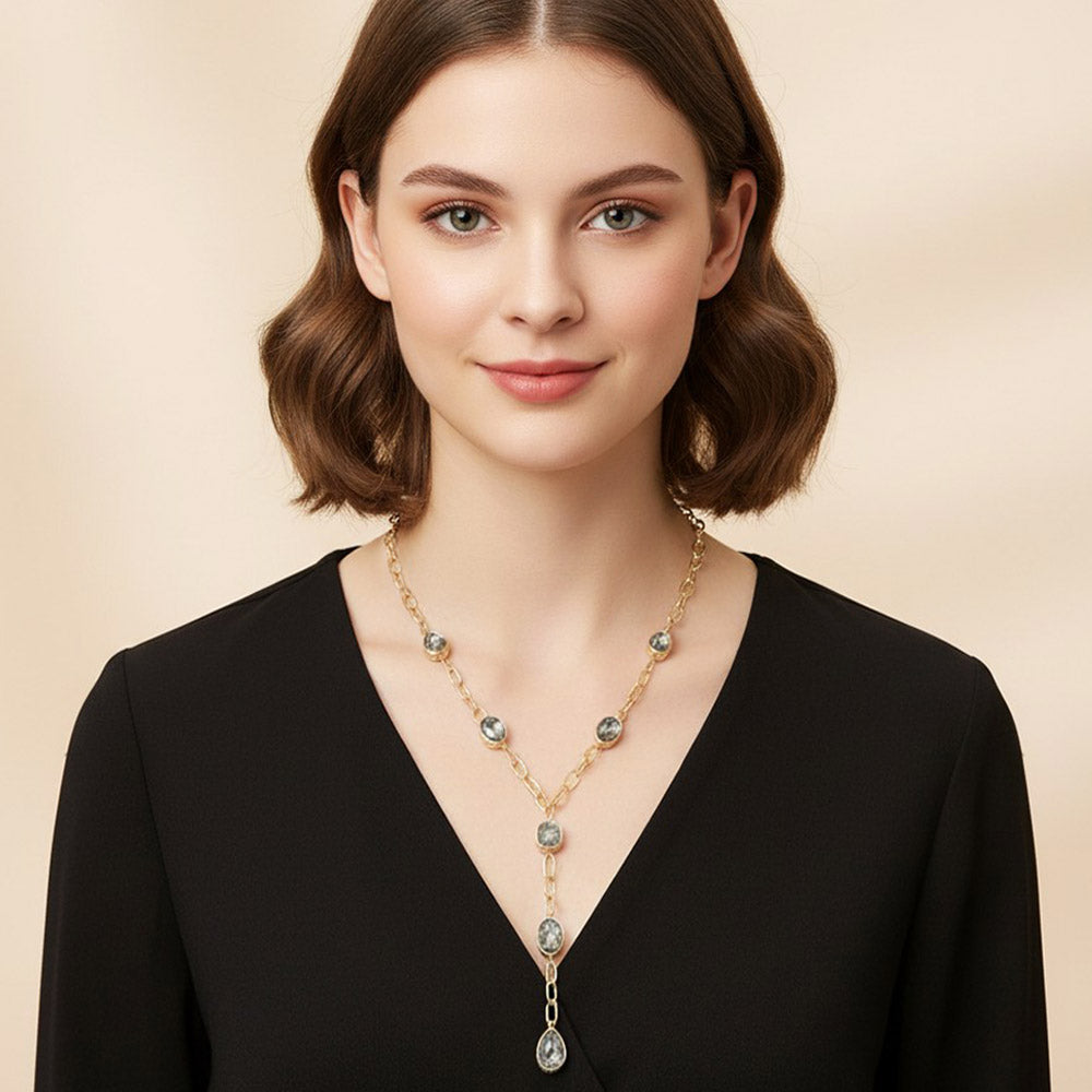 Madeline Love Black Diamond Faceted Square Teardrop Oval Emerald Stone Accent Y-Drop Chain Necklace