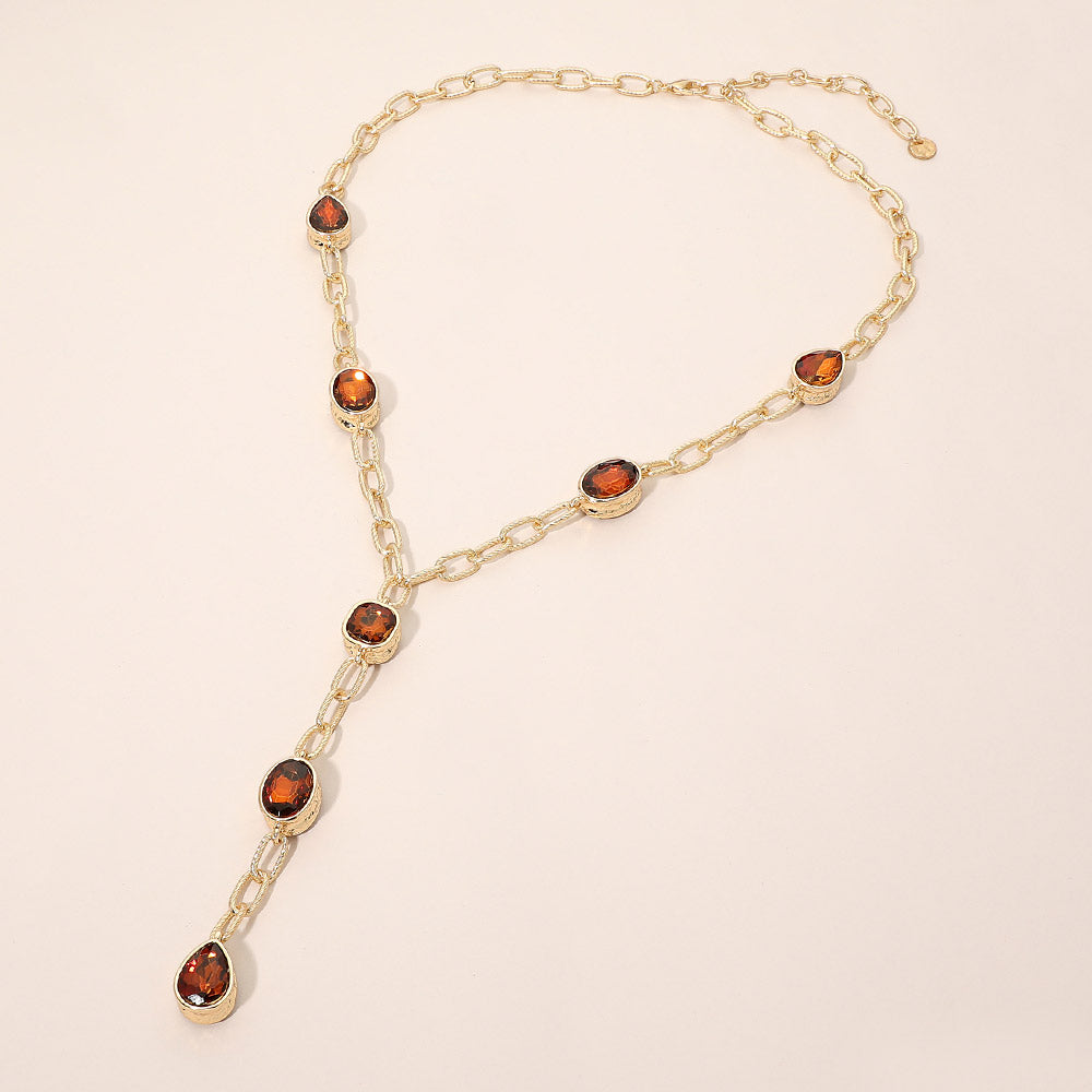 Madeline Love Brown Faceted Square Teardrop Oval Emerald Stone Accent Y-Drop Chain Necklace