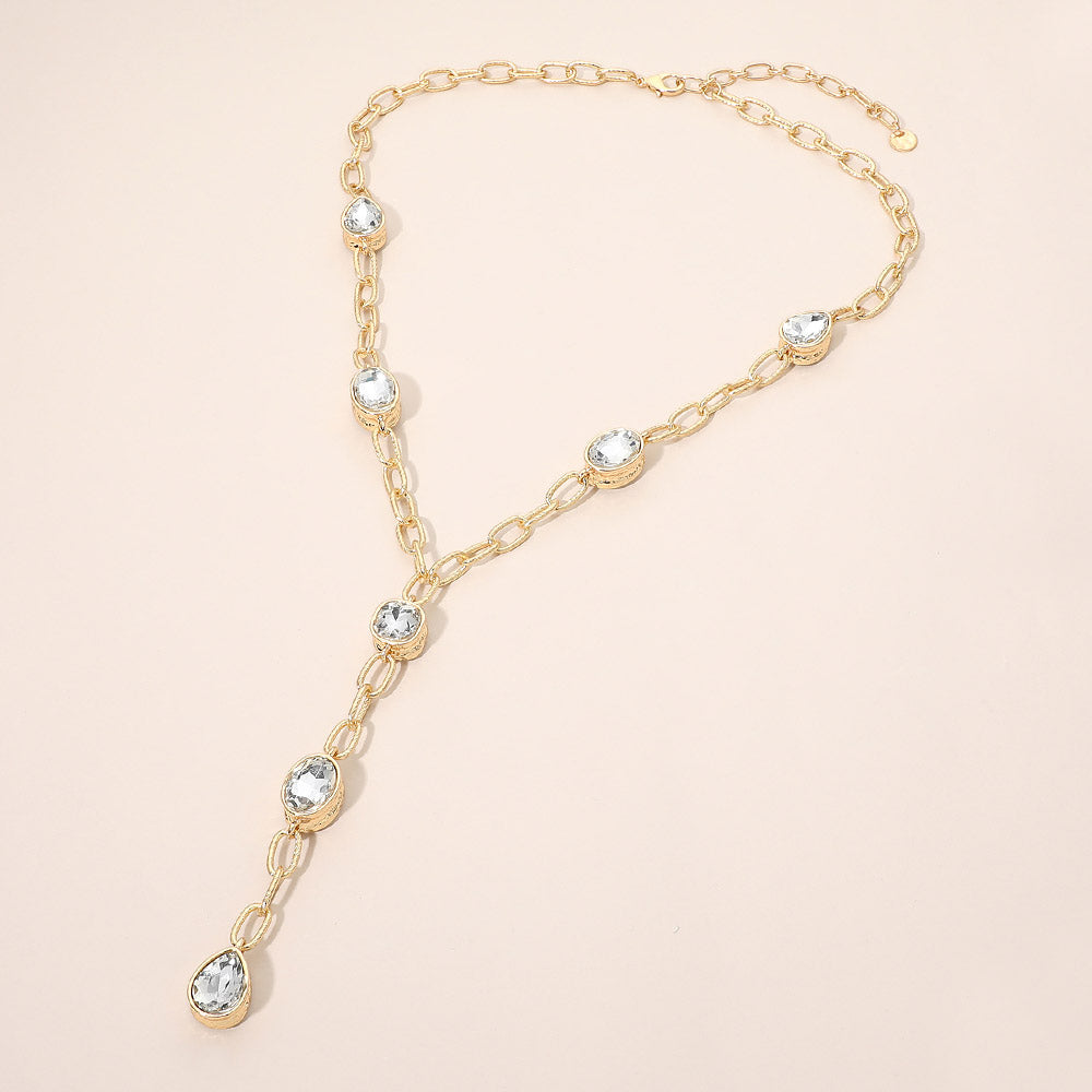 Madeline Love Clear Faceted Square Teardrop Oval Emerald Stone Accent Y-Drop Chain Necklace